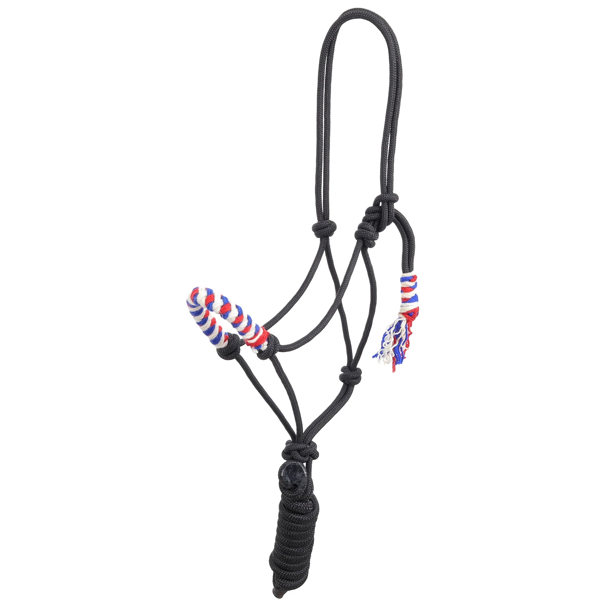 Halter con ajuste cómodo y funcional nudo vaquero en lana mohair en rojo , blanco y azul.